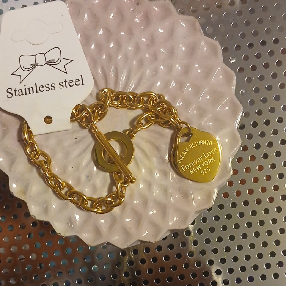 Forever Love New York 925 Plated Stanless Steel .Gold Chain Link Bracelet
